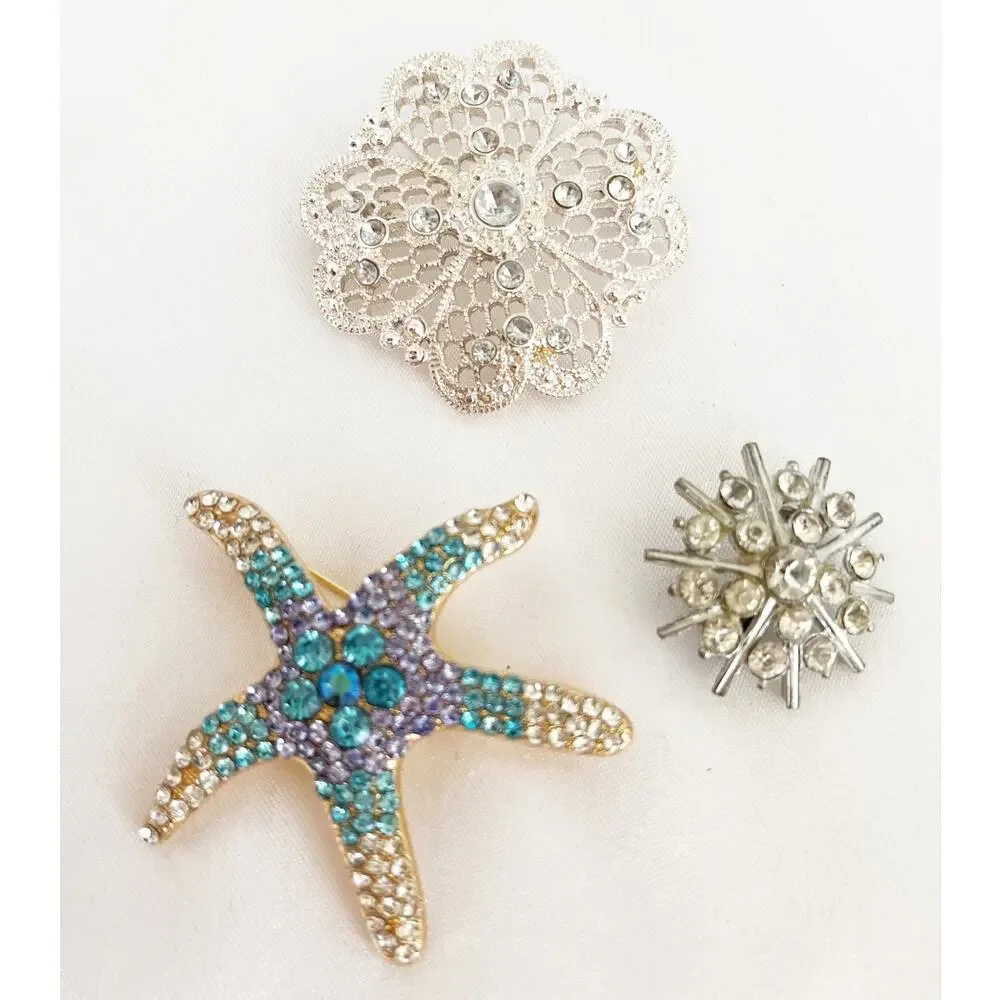 JEWELRY 10 BROOCHES Elephant Bicycle Spoon French Horn Starfish Crystal Gold Ge